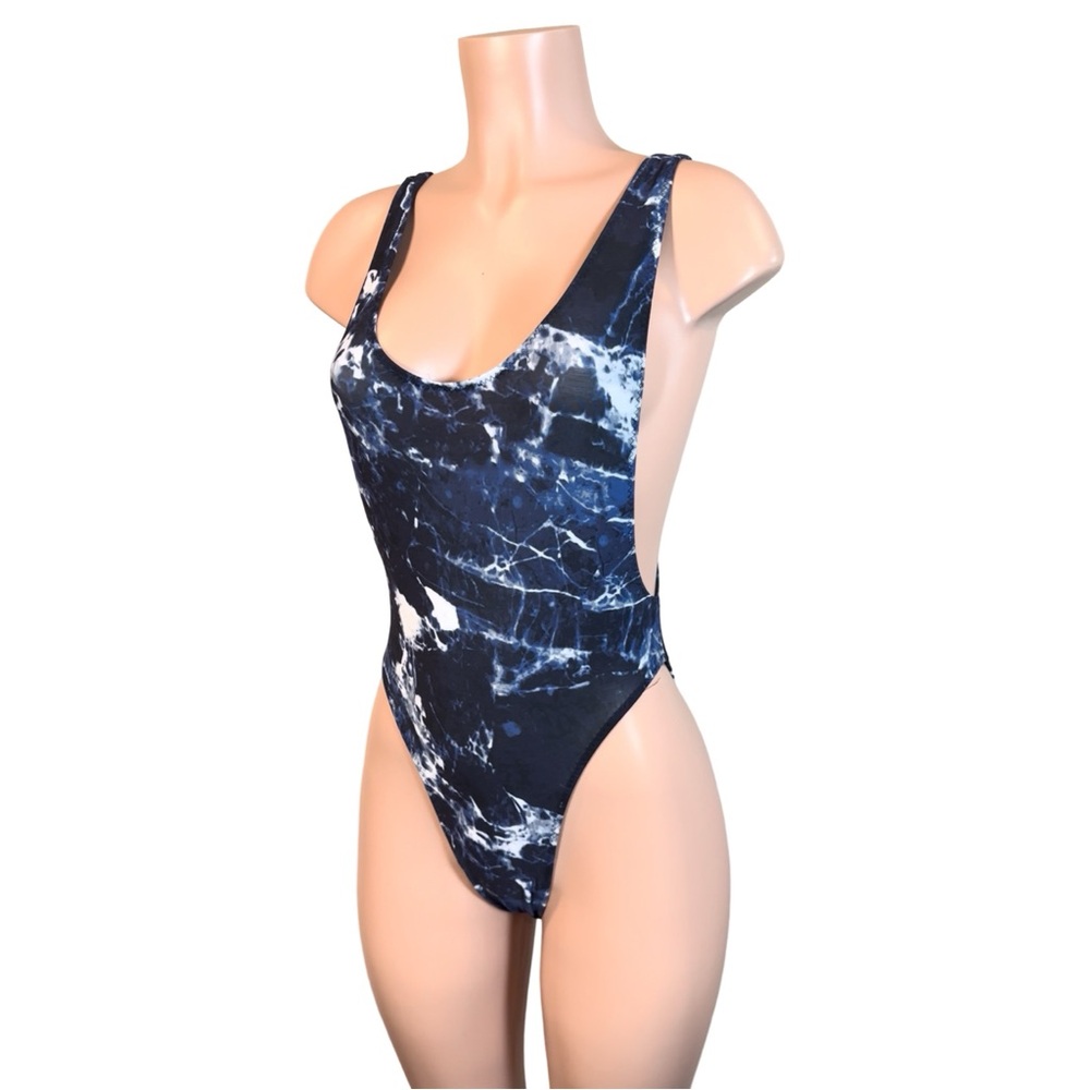 NORMA KAMALI Marissa Swimsuit Blue/ Black Marble SZ M $175 - Picture 4 of 13